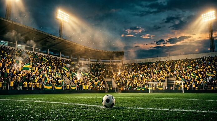 Estádio iluminado com torcida nas arquibancadas